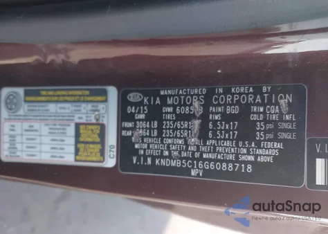 2016 Kia Sedona Lx z USA, uszkodzony, nr VIN KNDMB5C16G6088718